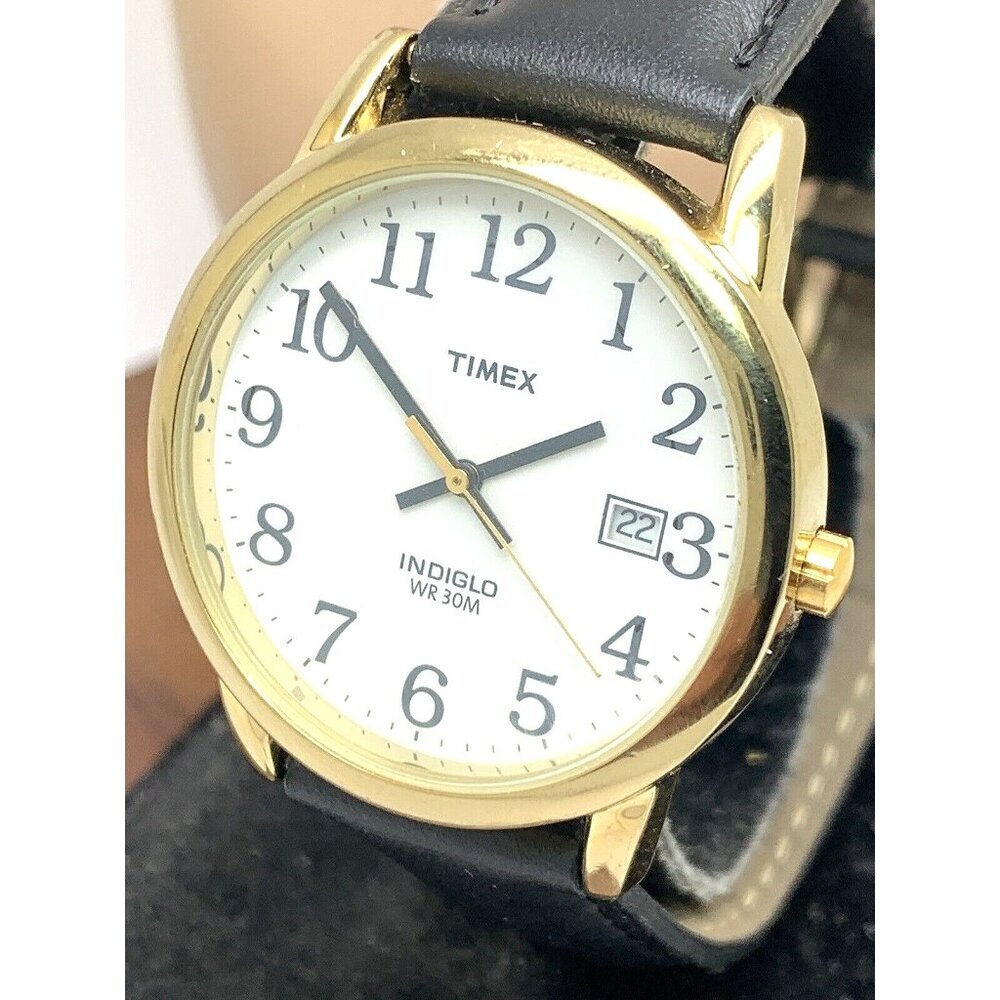 Timex Men's Watch T2H291 Quartz Indiglo Gold White Dial Black Leather Band 35mm